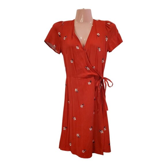 POPSUGAR SZ XS Red Floral Print Short-sleeve Faux Wrap Dress - Picture 2 of 10